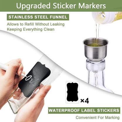 Leaflai Olive Oil Dispenser Bottle, Glass Olive Oil Dispenser and Vinegar Dispenser Set with Stainless Steel Pourers, 4 Labels,1 Brush and 1 Funnel Oil Bottles for Kitchen (500ml)
