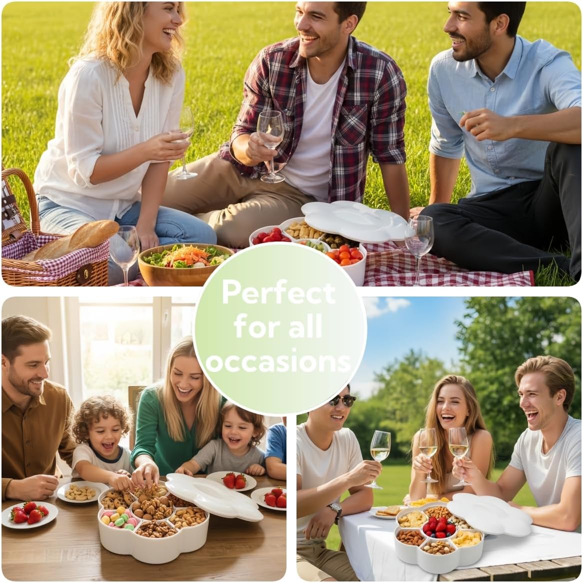 ZOOFOX Divided Serving Dish with Lid, Melamine Appetizer Tray with 7 Removable Compartment, Snacks Bowls for Chips and Dip, Veggies, Candy and Nut
