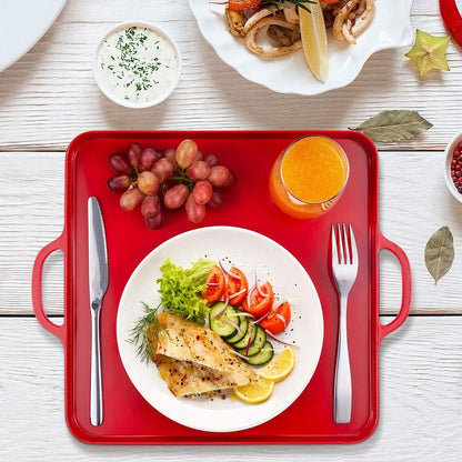 i BKGOO Foodservice Red Plastic Tray with Handle Set of 2 Large Melamine Cube Serving Platters for Parties, Table, Kitchen Size(12.5"x12.5"x1")