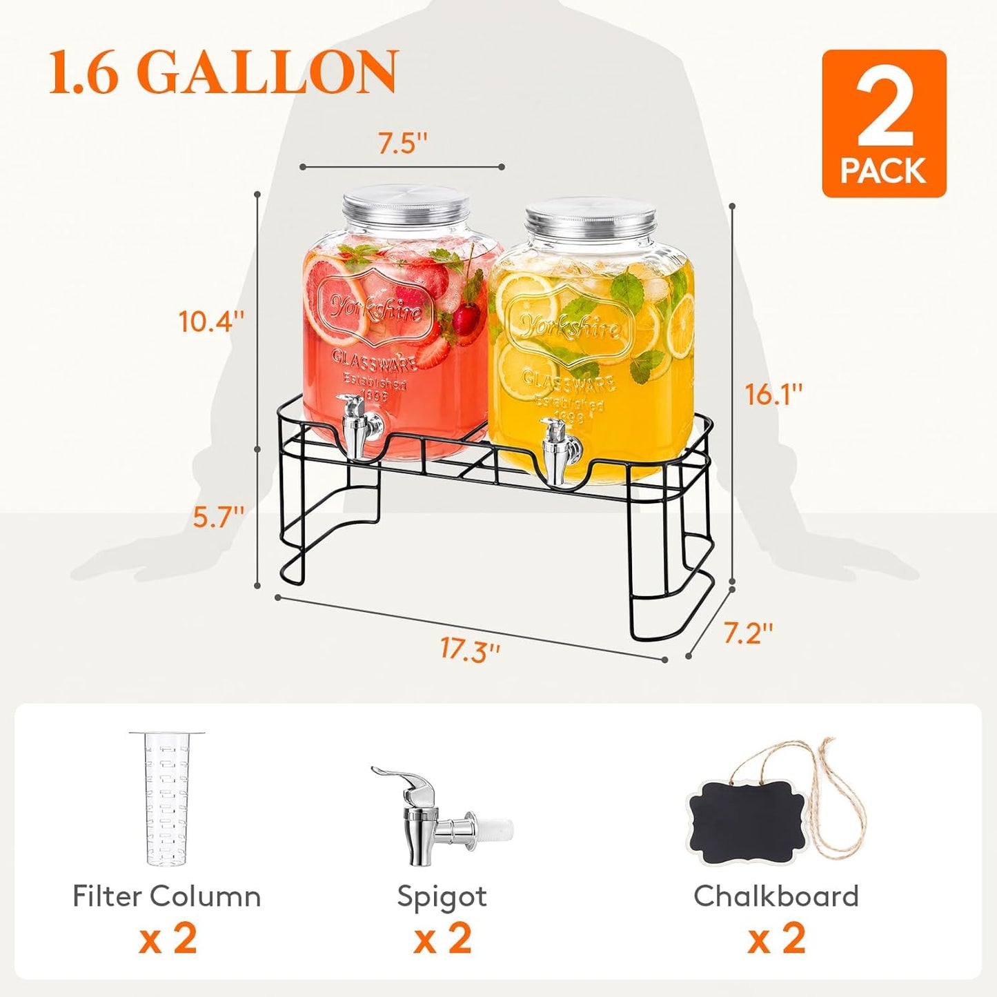 Lifewit 2 Gallon Glass Drink Dispenser for Parties, Beverage Container with Stand for Juice/Tea/Soda & Lemonade, Water Pitcher with Leakproof Spigot for Mimosa Bar, Birthday, Wedding Hosting, 2 Pcs