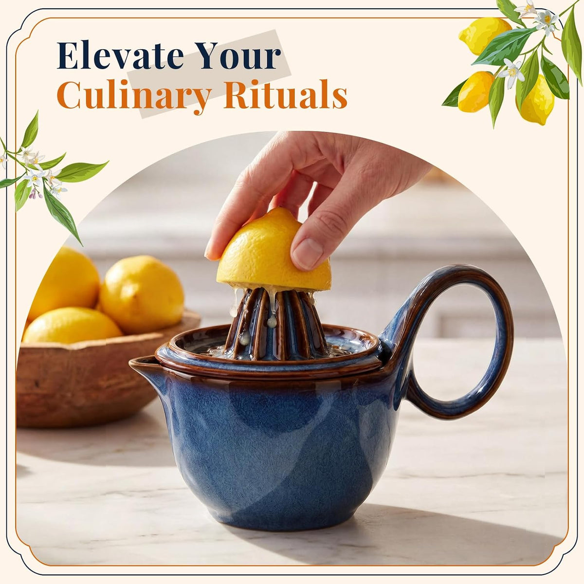 Sawysine Ceramic Lemon Squeezer Manual Citrus Juicer with Strainer Hand Press Lime Orange Reamer with 8.45 oz Cup Strainer Lid Spout Handle for Citrus Fruits Home Kitchen Bar(Classic,Dark Blue)