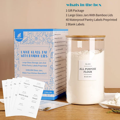 Large glass flour and sugar containers with 132 Kitchen Pantry Labels - 110 oz Glass Food Storage Containers with Airtight Lids - Square Glass Jars with Bamboo Lids for Rice, Pasta, Cookies, grain
