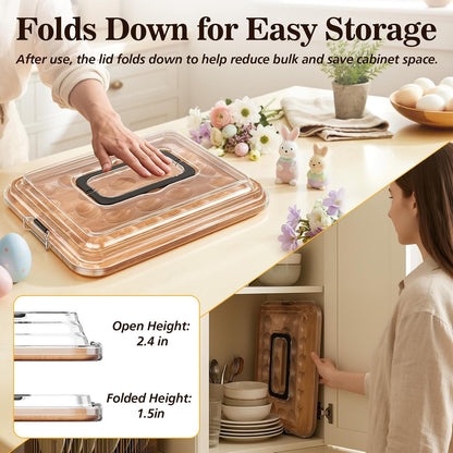Deviled Egg Containers with Lid, Acacia Wood Deviled Egg Platter Tray for 26 Eggs, Fold-Down Clear BPA-Free Cover Stores Flat, Portable Handle, Secure Latch, 4 Stainless Steel Forks (Black)