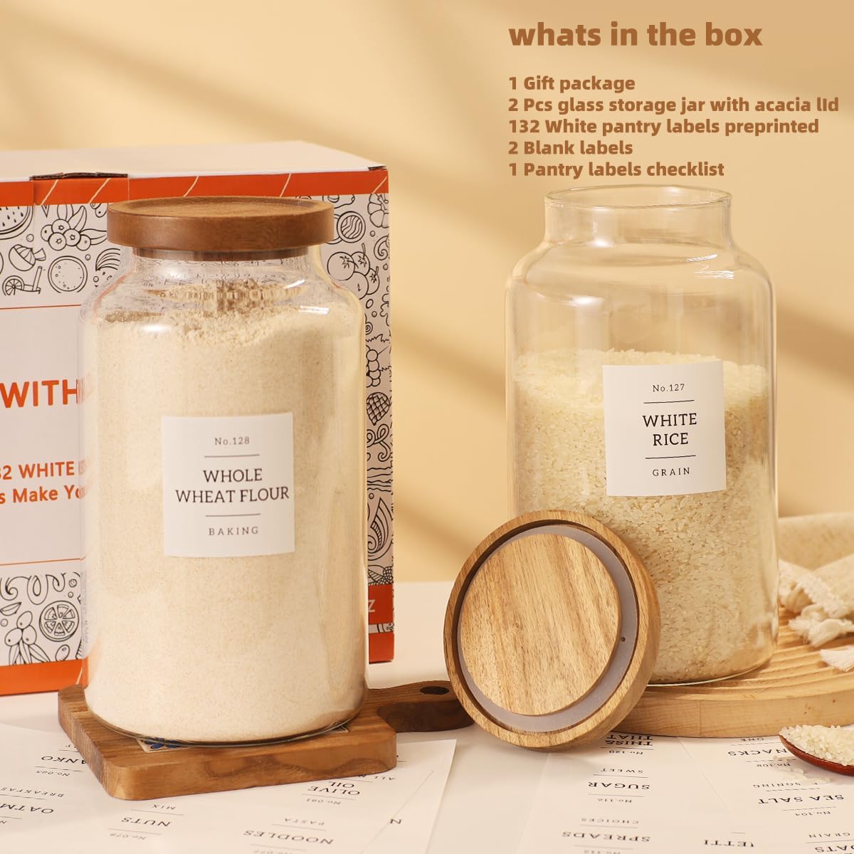 2 Pack Large Glass Flour and Sugar Storage Containers with Airtight Acacia Wood Lids and 132 Kitchen Pantey Labels Preprint - 1 Gallon Borosilicate Glass Canister Sets for Food,Pasta,Cookie,Rice