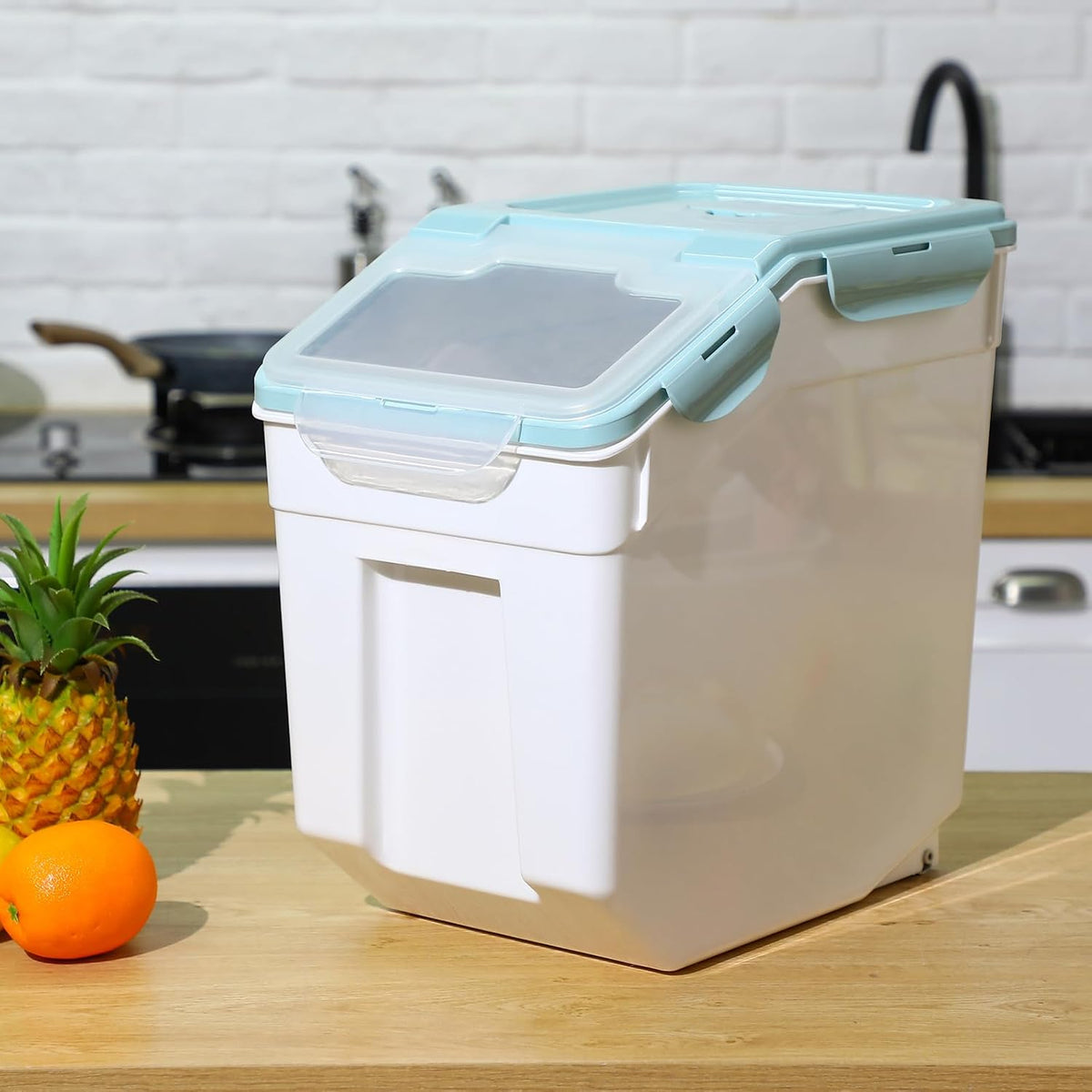 Sunnyray 4 Pcs 55 lbs Grain Rice Storage Container Flour Bin with Wheels Cup Leak Proof Pet Food Storage Boxes Seal Locking Lid Plastic Rice Containers Set for Cereal Flour Cat Dog Food (Green)
