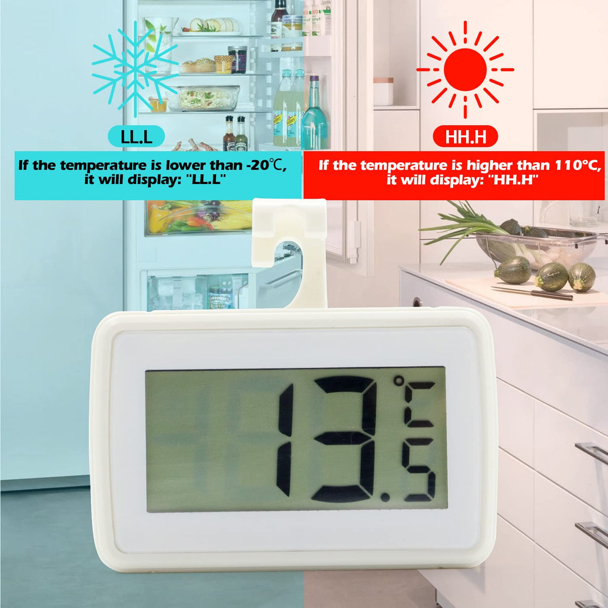 Digital Refrigerator Thermometer, Waterproof Freezer Room Thermometer,High Precision Fridge Alarm Thermometer with Hook for Kitchen Home,°C/°F Convertible