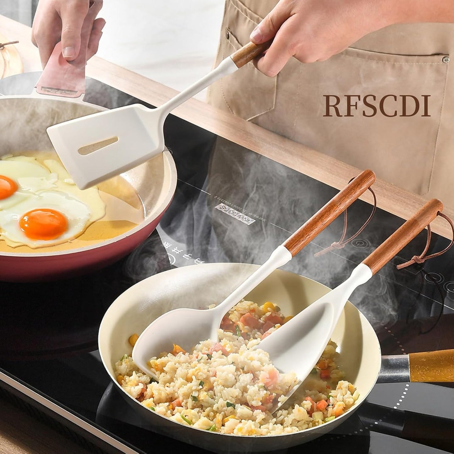 Exquisite Silicone Cooking Utensils Set - Non-Toxic, Heat-Resistant Kitchen Utensils Set with Food-Grade Silicone & Wood Handles - Includes Spatula & Spoon for Non-Stick Cookware, Black