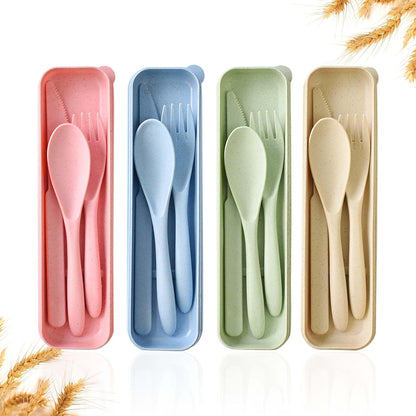 Travel Utensils with Case, 4 Sets Wheat Straw Portable Travel Cutlery Set, Reusable Fork Spoons Knife Tableware Camping Utensil Sets for Kids Adults Picnic or Daily Use, Dishwasher Safe