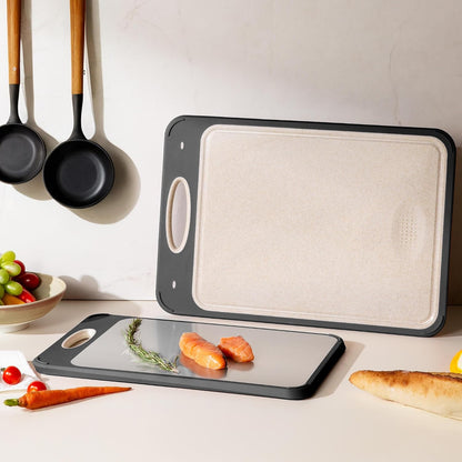 2 Packs Stainless Steel Cutting Board Set, Best Non Toxic Cutting Boards for Kitchen, Double Sided Metal Chopping Board for Meat/Fruit/Vegetables, Food Grade Kitchen Set Gift, [16”×11”+18”×12” Inch]