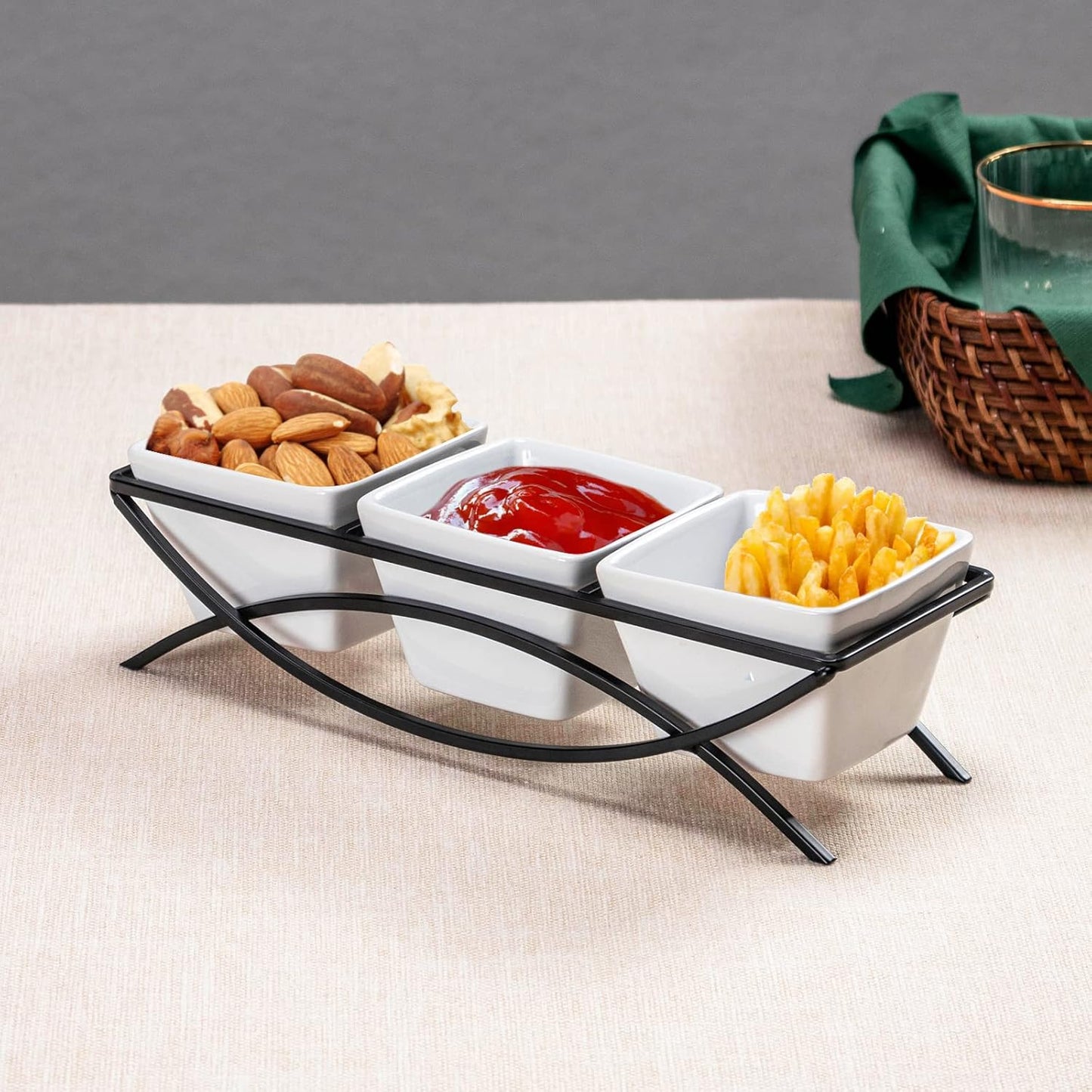 UNICASA Serving Bowls Set, 2 Tier Chip and Dip Bowls with Metal Rack Stand for Fruit, Salad, Candy, Snacks - Ceramic Tiered Appetizer Serving Dishes Food Display Stand for Parties, Kitchen