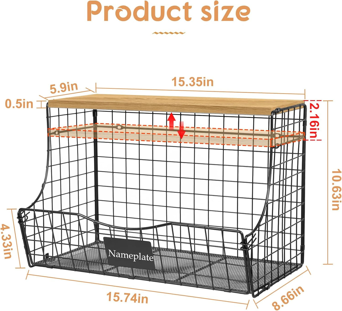 3 Pack Extra Large Fruit Basket for Kitchen with Wood Lid Nameplate - Counter&Wall Mounted Onion and Potato Storage Bin, Stackable Metal Hanging Wire Baskets,15.74 * 8.66 * 10.63 inch