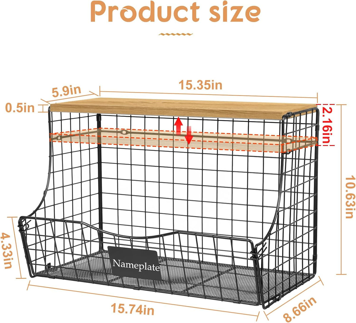 3 Pack Extra Large Fruit Basket for Kitchen with Wood Lid Nameplate - Counter&Wall Mounted Onion and Potato Storage Bin, Stackable Metal Hanging Wire Baskets,15.74 * 8.66 * 10.63 inch