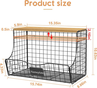 3 Pack Extra Large Fruit Basket for Kitchen with Wood Lid Nameplate - Counter&Wall Mounted Onion and Potato Storage Bin, Stackable Metal Hanging Wire Baskets,15.74 * 8.66 * 10.63 inch