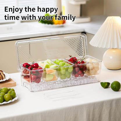 Ice Chilled Condiment Caddy,Stackable Chilled Condiment Containers,Serving Platters with Lid and 5 Removable Compartments,Set of 5 Serving Spoons & 2 Clips (1pack)