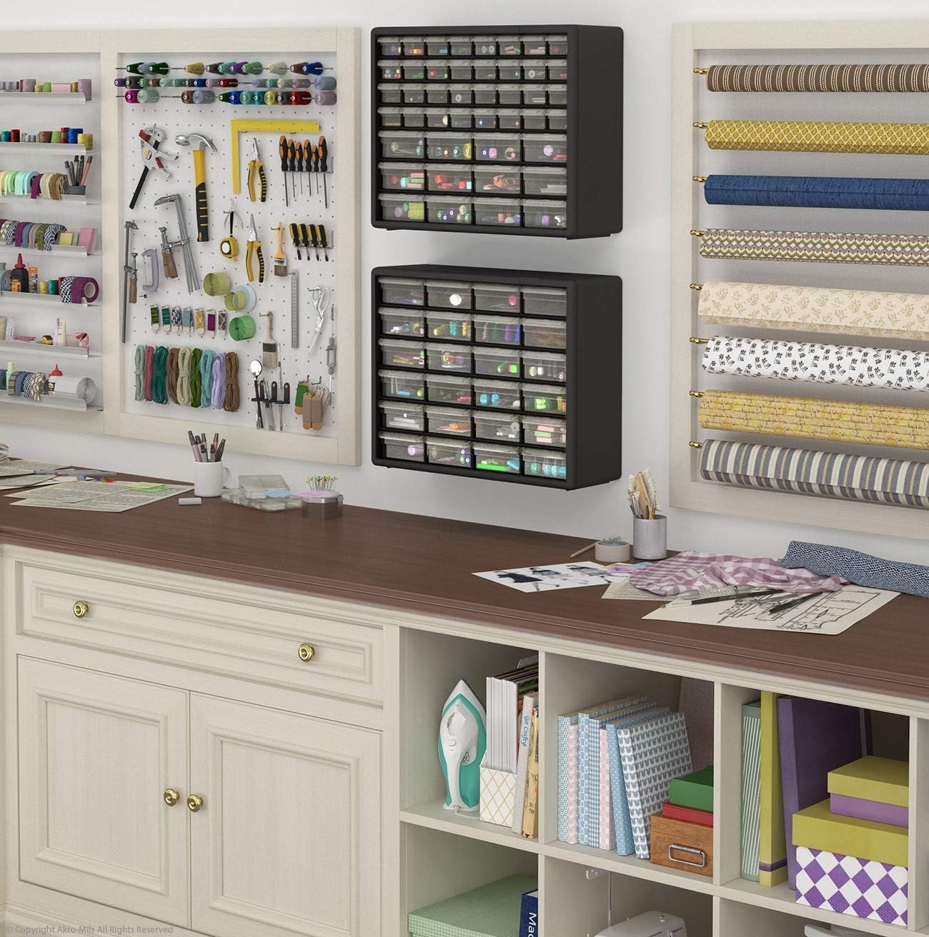 Akro-Mils 44-Drawer Plastic Drawer Storage Cabinet for Garage Organization, Bead Organizer, Building Bricks Storage, Teacher Toolbox, Makeup Organizer, 20" W x 6" D x 16" H, 10144 Black