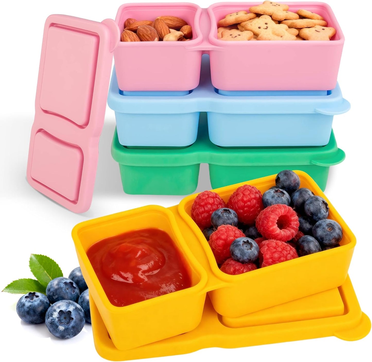 MACTANO 4 Pack New Reusable Silicone Snack Containers with Lids, 10 oz Double Compartment Condiment Meal Prep Control Containers Portable Small Leakproof for Office Travel Picnic
