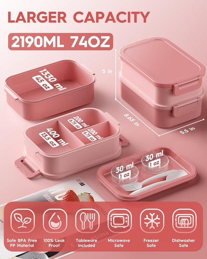 KEMETHY Adults Bento Lunch Box Set with Thermo Bag, 74oz Stackable Leak-proof 3-tiers Bento Box, Built-in Utensil and Sauce Container for Work, School, Dining Out (Gray)