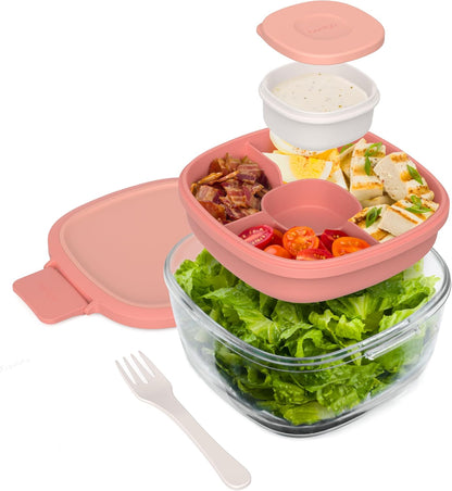 Bentgo Glass Salad Container - 7.6-Cup Salad Bowl with Airtight Lid, Leak-Proof Sauce Container, 4-Compartment Bento Tray & Reusable Fork - BPA-Free for Meal Prep, Office & More (Light Blue)
