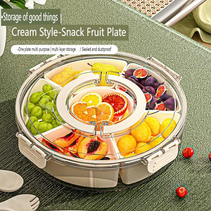 Rotating Fruit Storage Container with Lid, 6-Section Snack Organizer, Airtight Tray with Handle for Fruits, Nuts, Candy