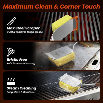 Grill Brush for Outdoor Grill, Bristle Free Grill Brush with Scraper, Safe Steam Grill Cleaner for BBQ &Griddle, Long Rosewood Handle Reaches Corners, for Porcelain, Cast Iron & Stainless Steel Grates