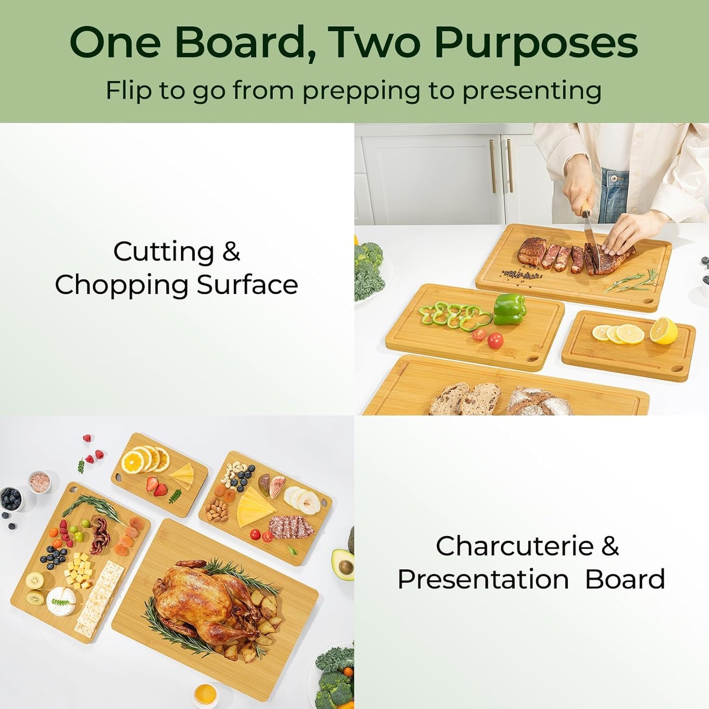 Keechee Wood Cutting Board for Kitchen - Reversible Bamboo Cutting Boards Gift Set of 3 with Juice Groove, Wooden Chopping Board for Meat, Fruit, Vegetables & Cheese (Pre Oiled, Natural)