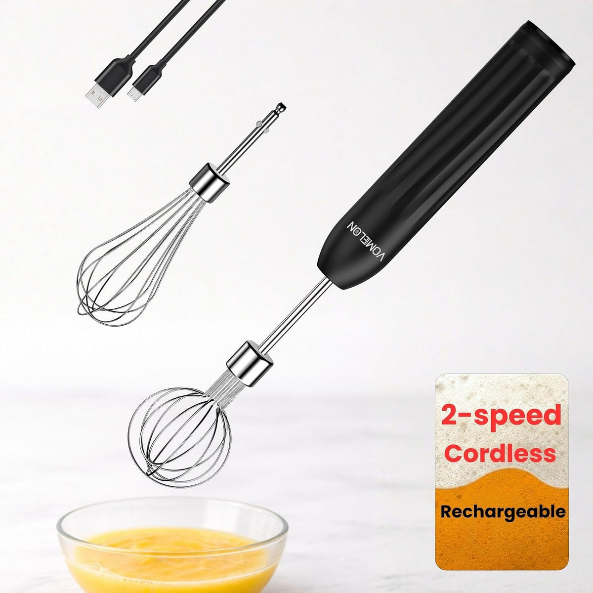 Handheld Electric Egg Beater Whisk,2-Speed USB-C Rechargeable Portable Wireless Balloon Whisk for Eggs, Milkshake Cream, Butter, Baby Food Fruits, Sauces and Soup for Kitchen,Camping Baking - White