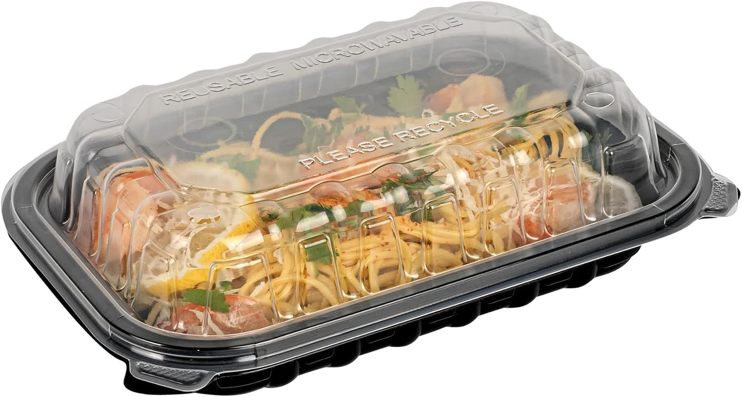 Thermo Tek 40 Ounce Clamshell Containers, 50 Disposable Take Out Boxes - 3 Compartments, Ventilated Lids, Black Plastic Meal Prep Containers, Microwavable, For Pasta Or Salads - Restaurantware