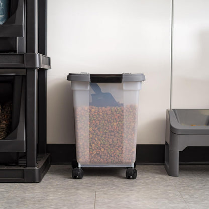IRIS USA Airtight Dog Food Storage Container, WeatherPro, Up to 25 lbs, Removable Wheels, for Dog Cat Bird and Other Pet Food Storage Bin, Keep Fresh, Translucent Body, Made in USA, Clear/Black