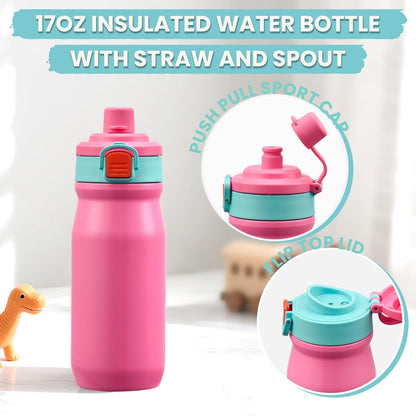 PIQUEBAR Kids Lunch Box with 8oz Thermo, Leakproof Bento Box with Insulated Bag, Kids Insulated Water Bottle with Straw, Food Lunch Container for Back to School Girls, Pink