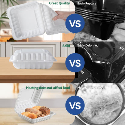 Food Containers 7.8" 30 oz 65 Pack - BPA Free Mineral Filled PP Plastic | 3 Compartment Shrink Wrap Clamshell Stackable | Reusable Freezer & Microwave Safe | White Commercial Takeout Boxes