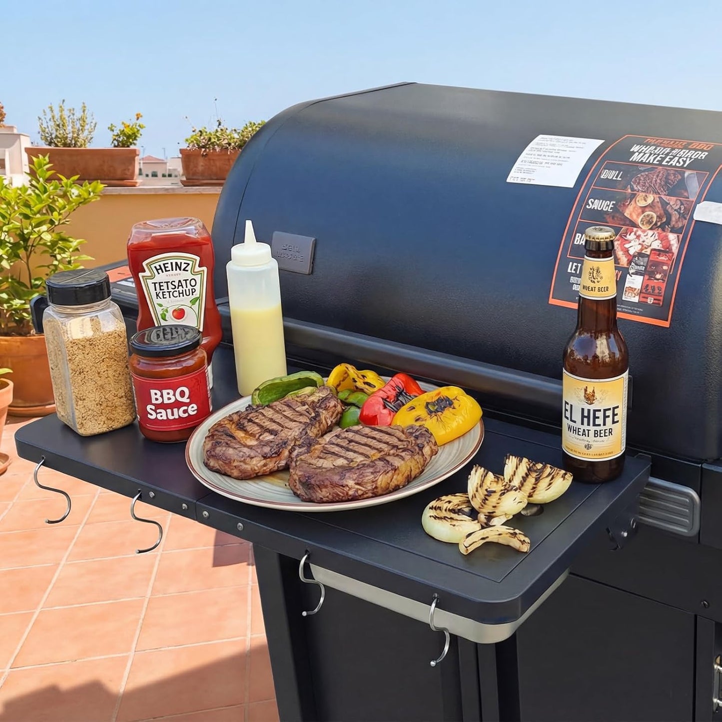 Upgraded Grill Table for Weber Kettle 22"/18"/26", Master Touch 22", Smokey Mountain, Recteq Pellet Grill RT-B380, Prep Station with Cutting Board, Basin, 4 Hooks, Shelf for Weber Kettle Accessories