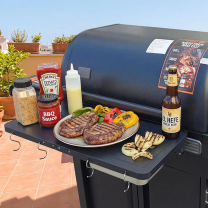 Upgraded Grill Table for Weber Kettle 22"/18"/26", Master Touch 22", Smokey Mountain, Recteq Pellet Grill RT-B380, Prep Station with Cutting Board, Basin, 4 Hooks, Shelf for Weber Kettle Accessories
