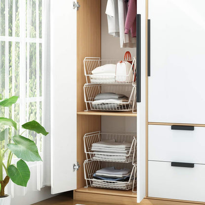 PUSDON 4-Tier Spacious Stackable Wire Storage Baskets with Wheels, Metal Rolling Utility Cart Organizer, Fruit and Vegetable Produce Basket for Kitchen Pantry, Everyday Bathroom Shelf, Silver Grey