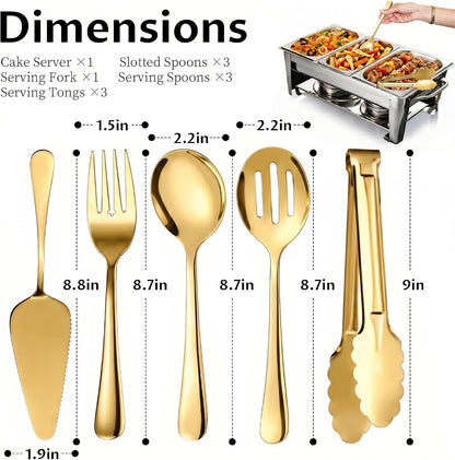 11PCS Stainless Steel Gold Serving Utensils, 8.7''Serving Spoons,8.7''Slotted Spoons, Serving Fork, 9'' Serving Tongs,Cake Server,Hostess Serving Set for Chafing Dish Buffet Catering Parties