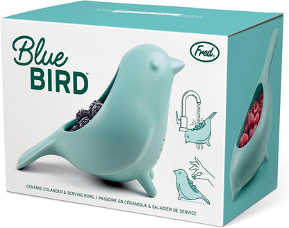 Genuine Fred BLUE BIRD Ceramic Soak-And-Serve Berry Colander