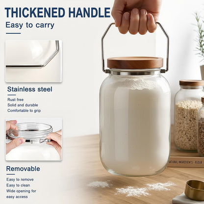 2 Pack Glass Flour Sugar Storage Containers with Handle, 1 Gallon Glass Jars with Airtight Lid, Wide Mouth Large Mason Jars 128oz for Rice, Pasta, Oats, Coffee Storage