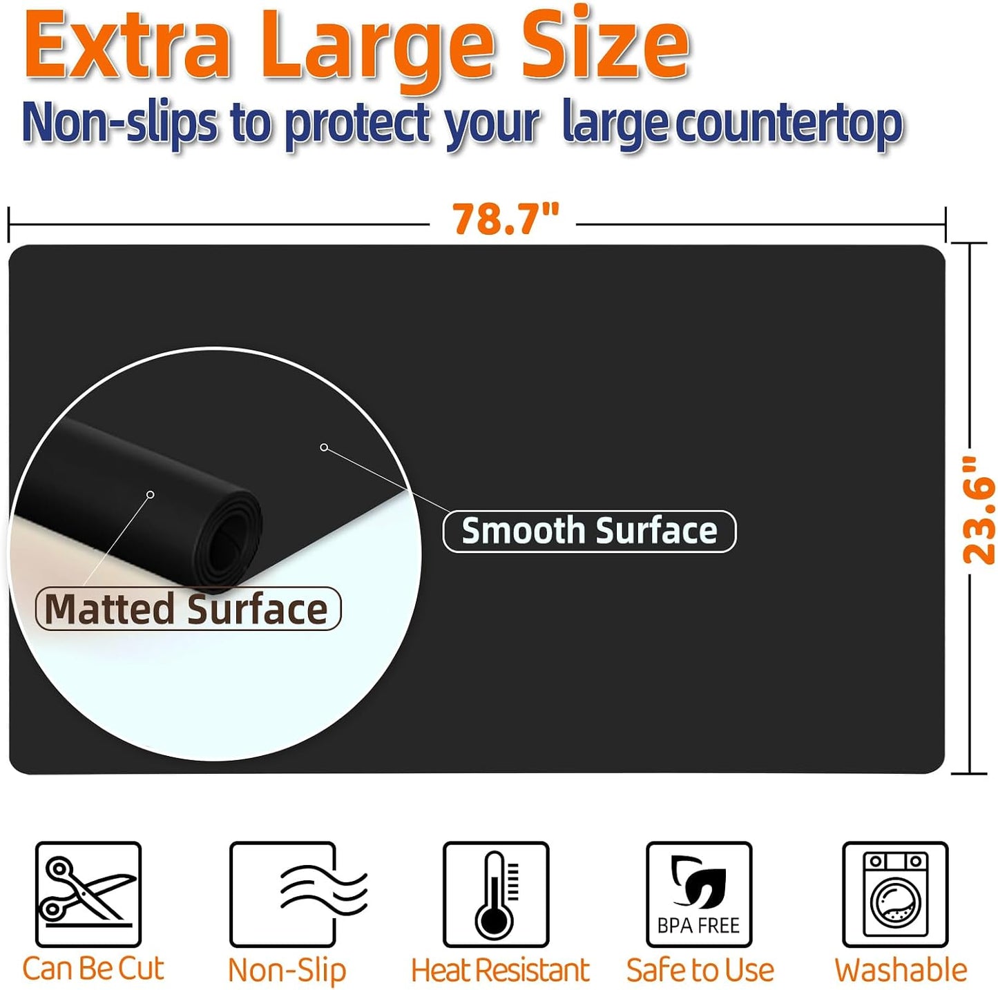 Warome Silicone Mat,78.7”x 23.6” Heat Resistant Mats for Countertop,Extra Large Countertop Protector Mat, Multi-functional Cuttable Kitchen Counter Mat, Silicone Mats for Kitchen Counter/Crafts- Grey
