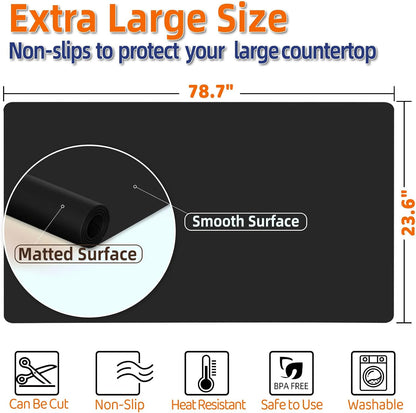 Warome Silicone Mat,78.7”x 23.6” Heat Resistant Mats for Countertop,Extra Large Countertop Protector Mat, Multi-functional Cuttable Kitchen Counter Mat, Silicone Mats for Kitchen Counter/Crafts- Grey