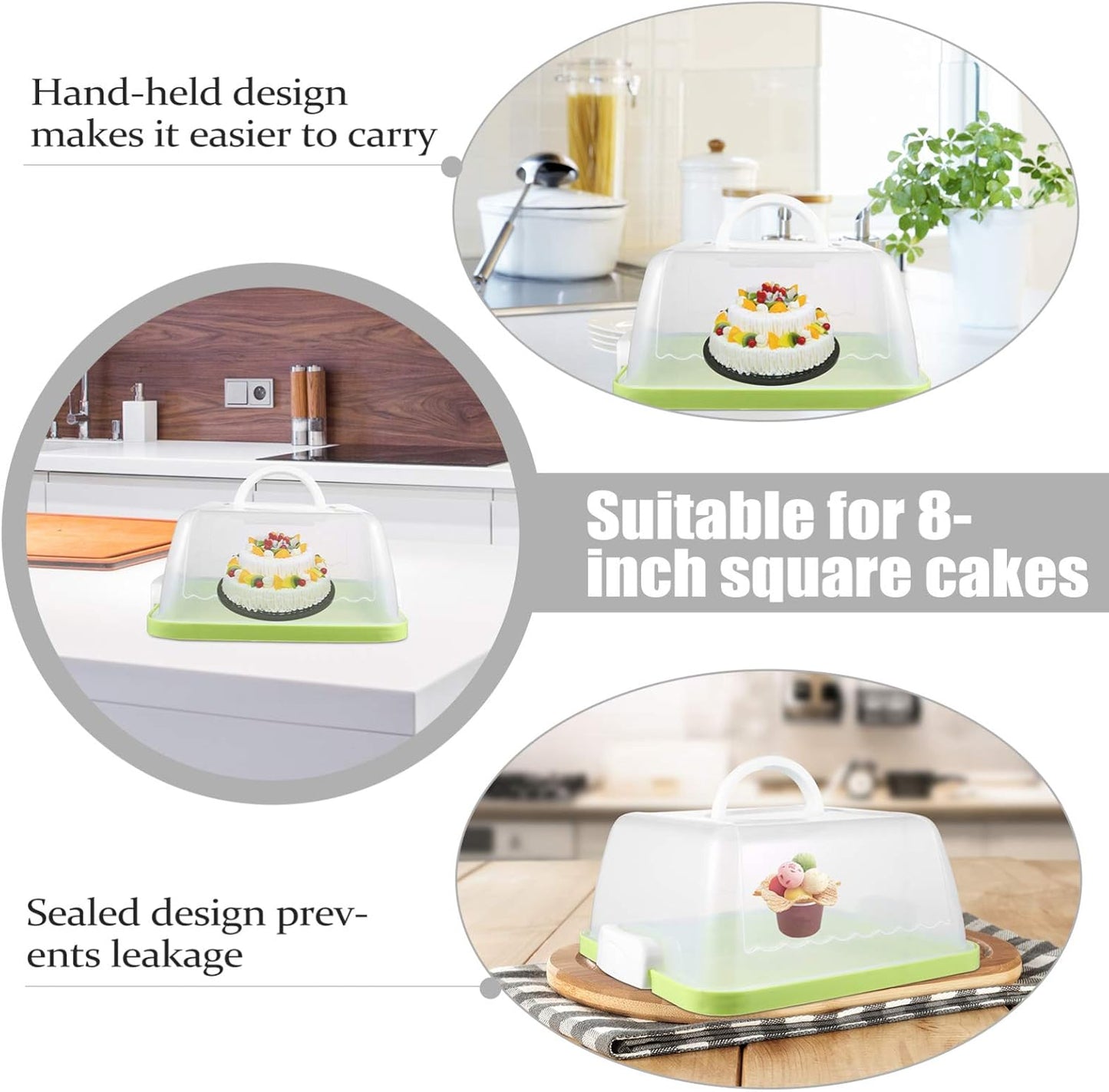 Green Cake Carrier, 10x5 in Square Plastic Cupcake & Cake Storage Box with Clear Dome Lid & Handle – Portable, Airtight Travel Container for Bakers, Chefs & Caterers