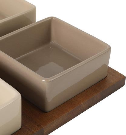 Gibson Elite 3-Section Stoneware Serving Tray with Acacia Lid – Taupe Rectangular Chip & Dip, Condiment, Snack and Appetizer Server for Parties & Entertaining