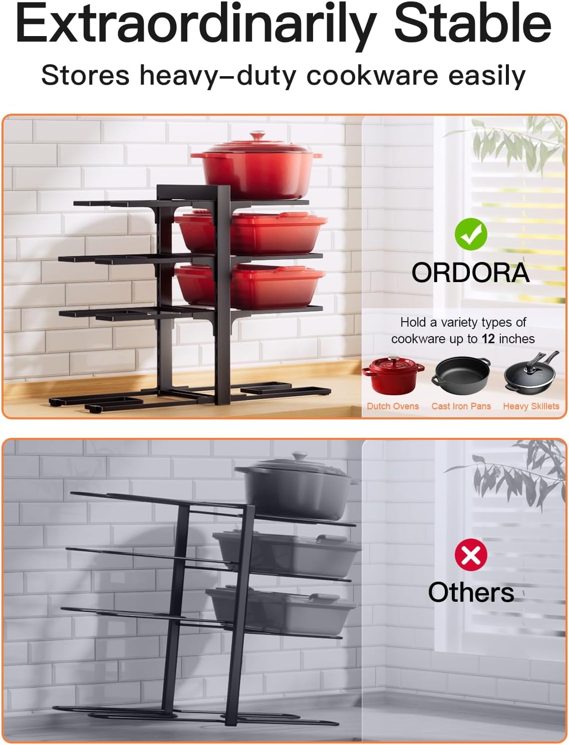ORDORA Pots and Pans Organizer Under Cabinet 16.6", 8-Tier Adjustable Rack