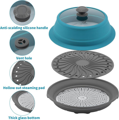 Collapsible Microwave Splatter Lid with Vented Tempered Glass Cover Wok Lid for Microwave Safe, Stockpot Steamer Pot Pan Round Bowl 6" 7" 8" 9" 10" 11" 12" Universal Multifunction Silicone Cover