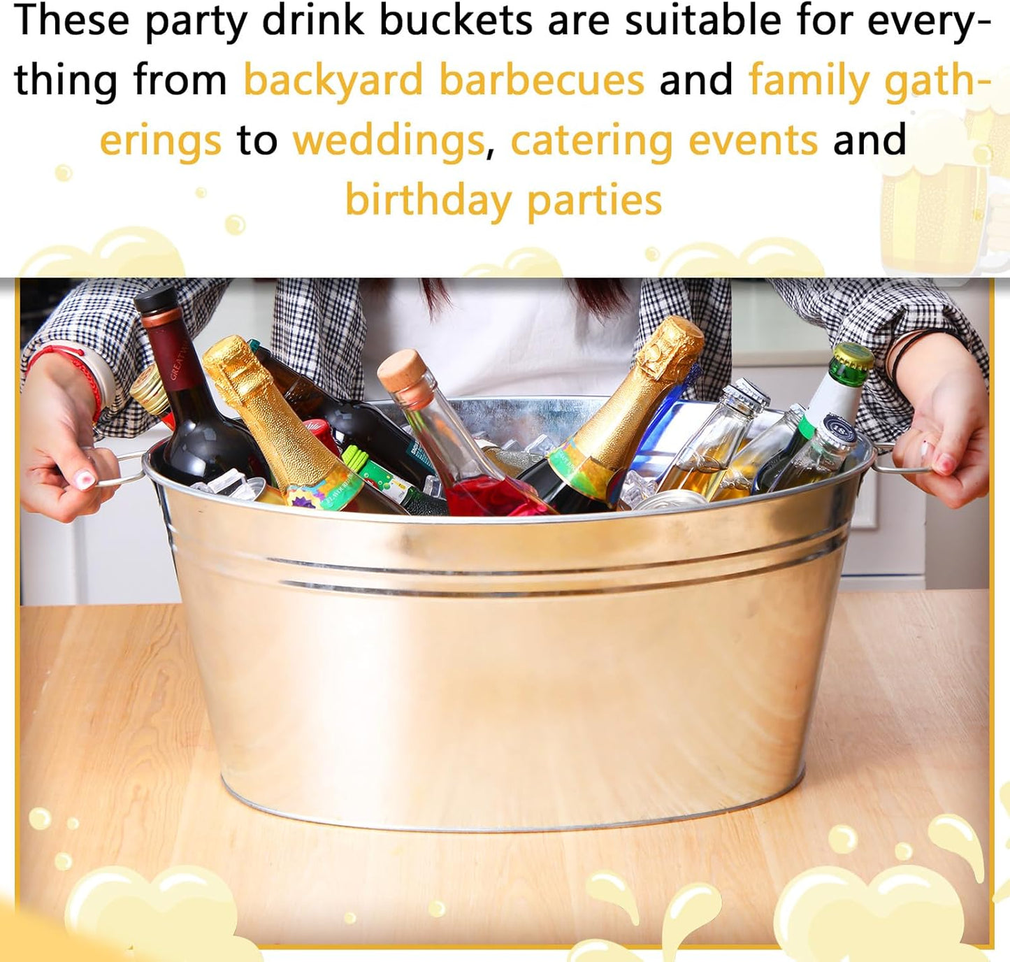 Ziliny 2 Pcs 6.3 Gallon Galvanized Beverage Tubs Large Drink Buckets for Parties Insulated Metal Ice Bucket with Handles Rustic Storage Container for Parties Beer Drinks, Silver