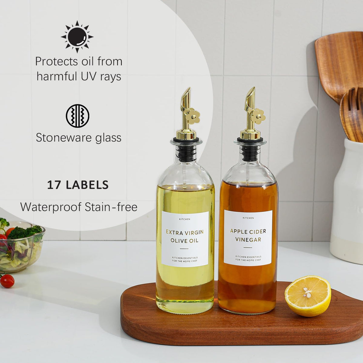HOMCDALY Olive Oil Dispenser for Kitchen, 12oz Glass kitchen Dispenser Bottle, Gold Oil&Vinegar Cruet Set, Leakproof Oil Containers for Cooking| Set of 2 (12oz – Gold)