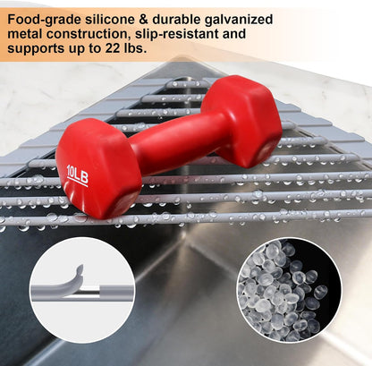 Corner Sink Caddy Triangle Dish Drying Rack for Sink Corner, Sponge Holder Roll Up Dish Drying Rack Over The Sink, Stainless Steel Kitchen Sink Organizer Drainer Mat Sponge Caddy for Counter Storage