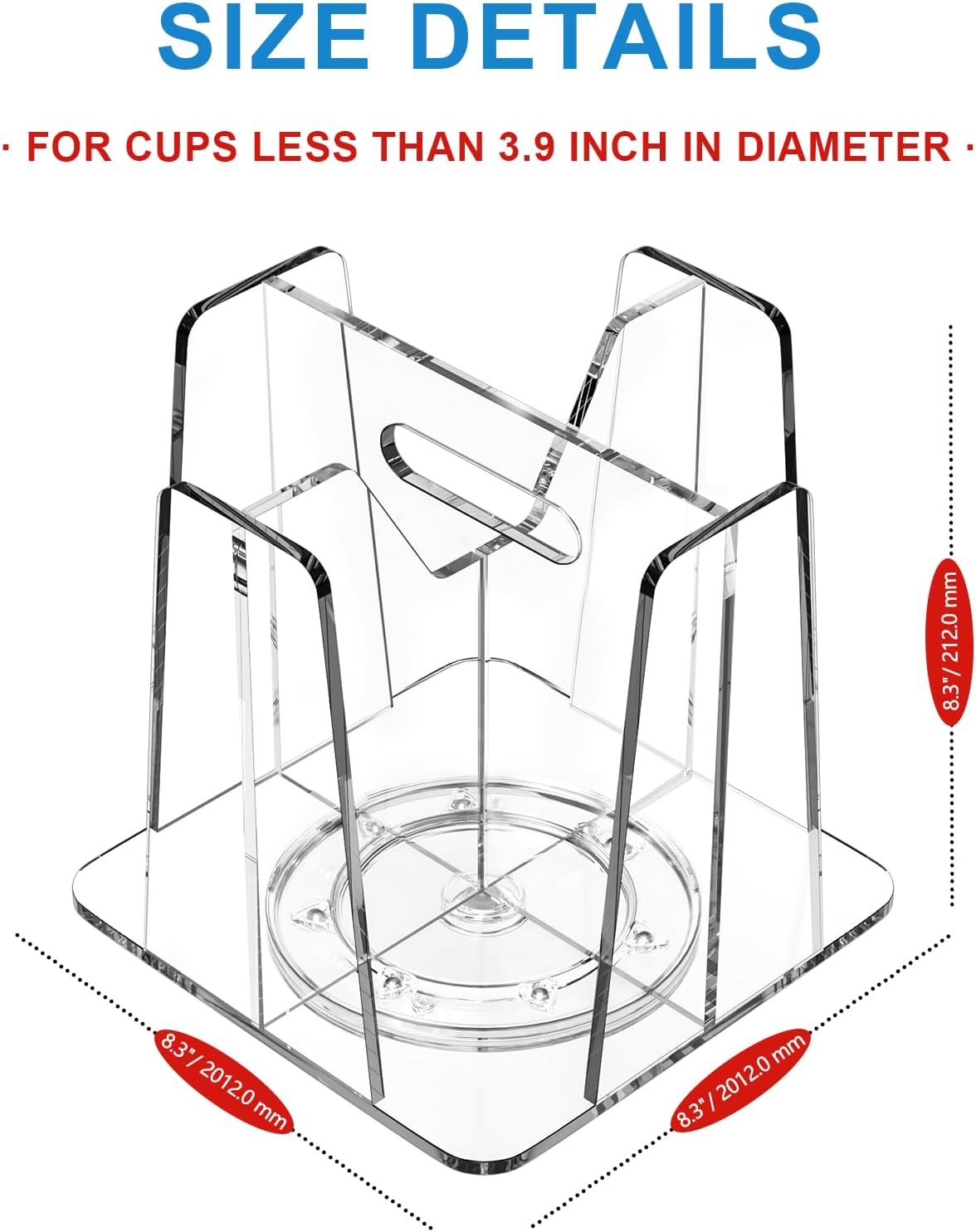 WINFFOR Coffee Cup Holder for Countertop - 4 Compartments Clear Rotating Disposable Cup Organizer Plastic Cup Storage Lid Carousel Coffee Bar Accesories for Restaurant Breakroom Kitchen Cabinet