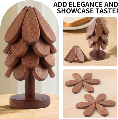 Vertdens Wooden Trivets for Hot Dishes, Hot Dish Coaster with Tree-Shaped Wood Collapsible Hot Pad Trivet Tree for Restaurant, 4 Wooden Trivet + 1 Stand（Walnut Wood）