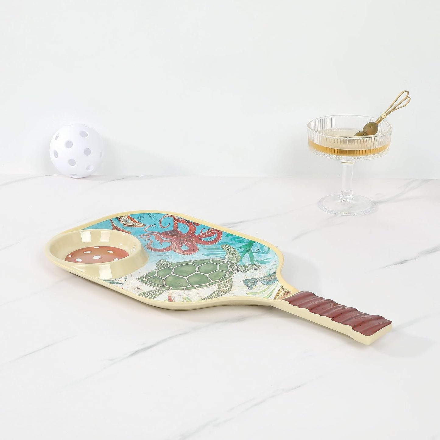 UPware Flamingo Melamine Chip and Dip Snack Tray, Tropical Floral Pickleball Paddle Shape Platter for Chips, Salsa, Fruits, and Appetizers, 15.75 x 8 Inch