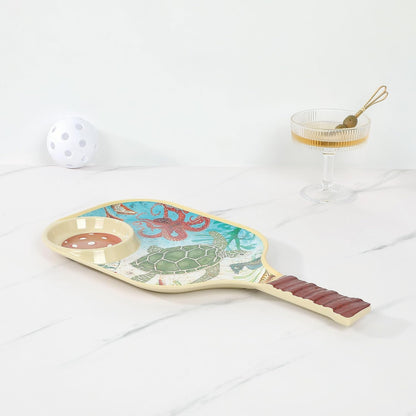 UPware Flamingo Melamine Chip and Dip Snack Tray, Tropical Floral Pickleball Paddle Shape Platter for Chips, Salsa, Fruits, and Appetizers, 15.75 x 8 Inch