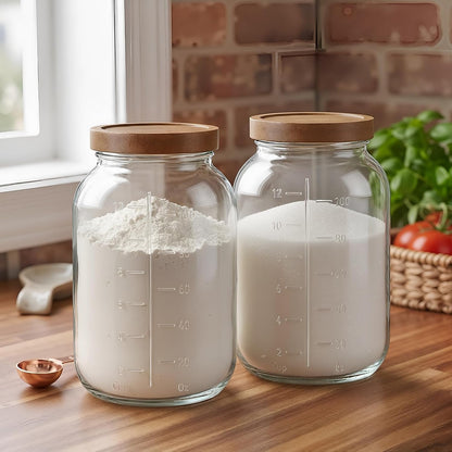 2 Pack Glass Flour Sugar Storage Containers with Acacia Wooden Lid, 1 Gallon Glass Jars with Airtight Lid, Wide Mouth Large Mason Jars 128oz for Rice, Pasta, Oats, Coffee Storage
